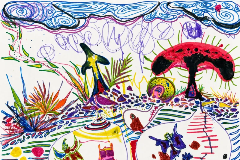 A dense, colourful marker landscape with a red mushroom.