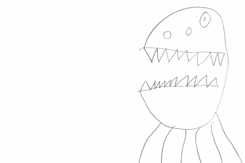 A pencil drawing of a monster with rows of pointy teeth and long legs.