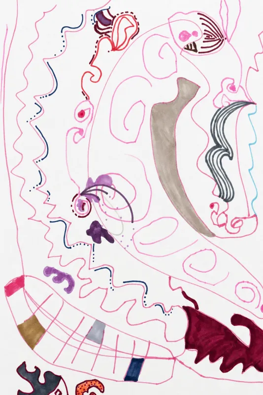 An abstract drawing of pink swirls, dotted lines and grey and maroon shapes.